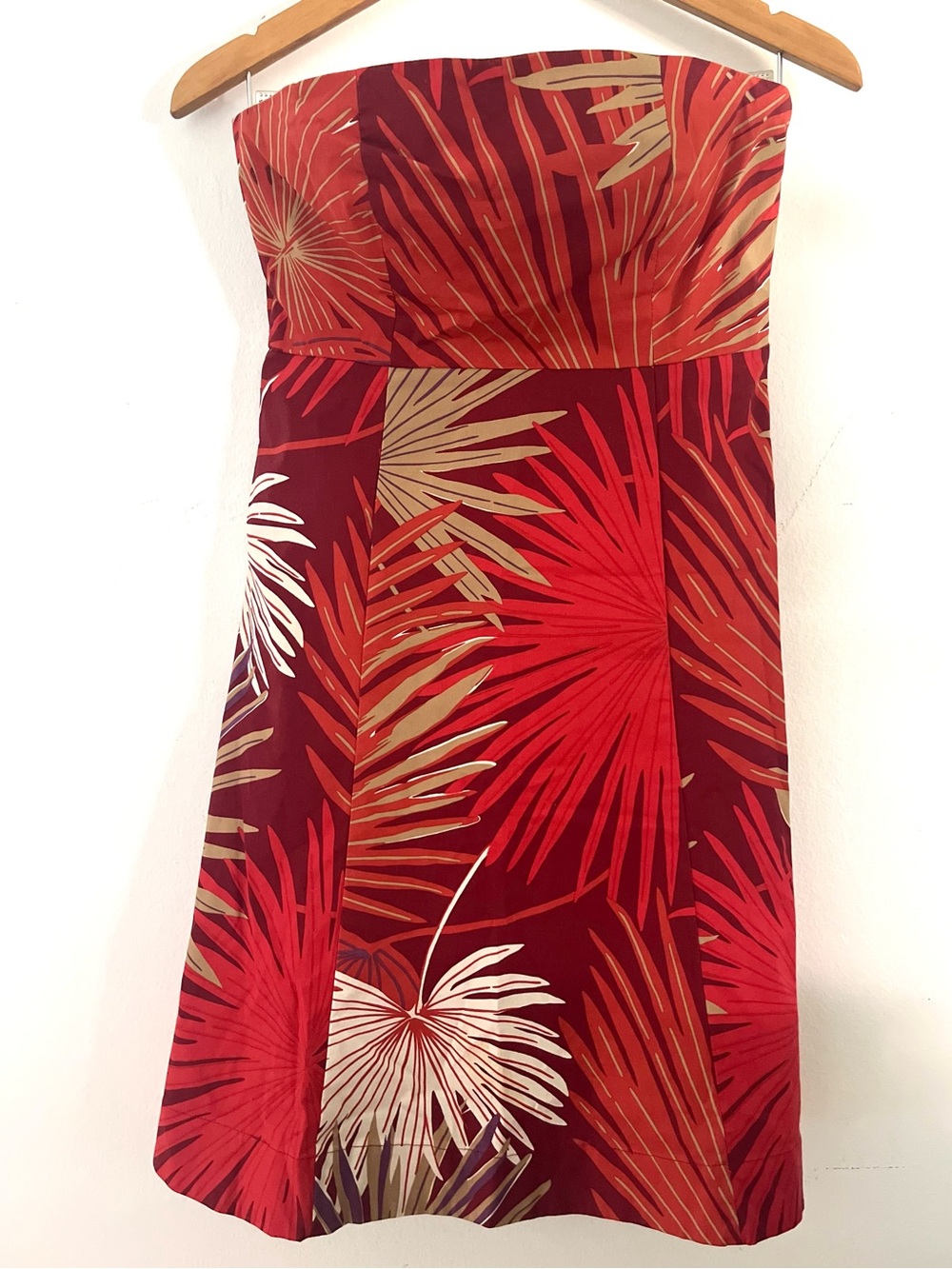 Gap Stretch Dress Strapless A Line Vintage Y2K Orange w/ Tropical Print Womens 6